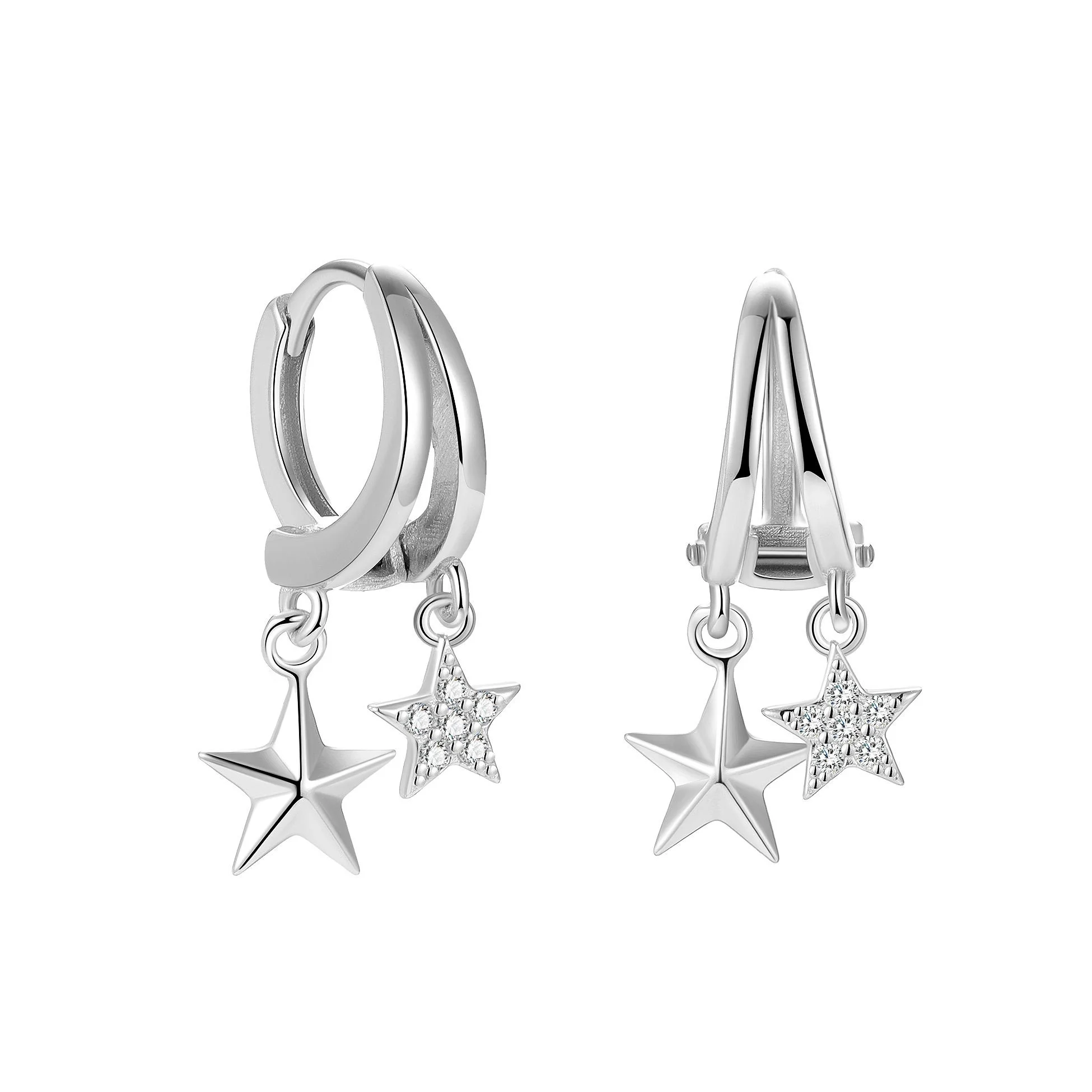 Double Huggie Earrings Star Drops CZ Silver