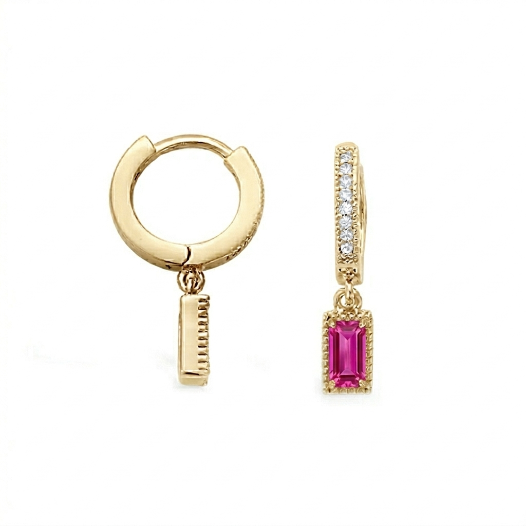 Fuchsia Pink CZ Rectangular Drop Hoop Earrings Gold