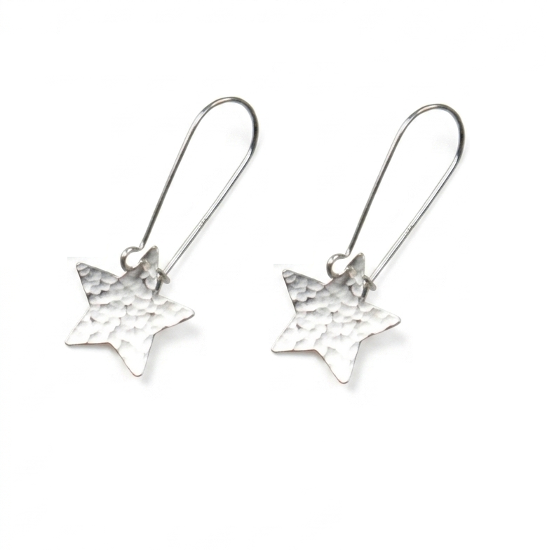 Silver Star Hammered Long Hook Earrings