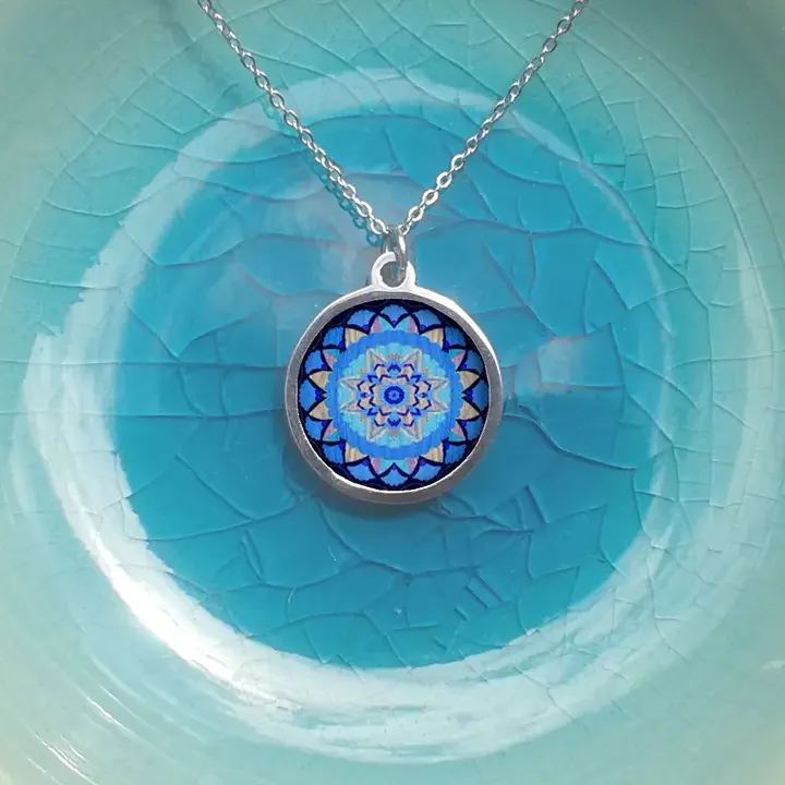 NOA Stainless Steel & Walnut, Small Round Necklace  Blue Suzani