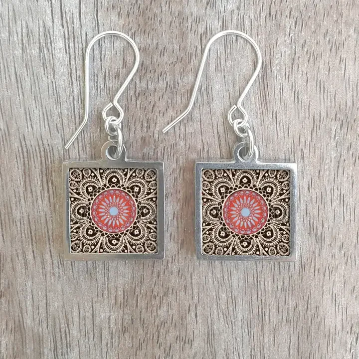 NOA  Stainless Steel Framed Round Ceramic Earrings Orange Lace
