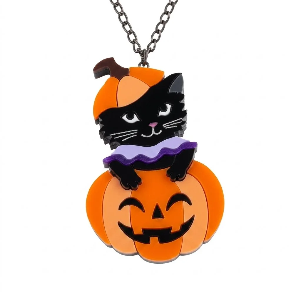 Halloween Black Cat In A Pumpkin Necklace