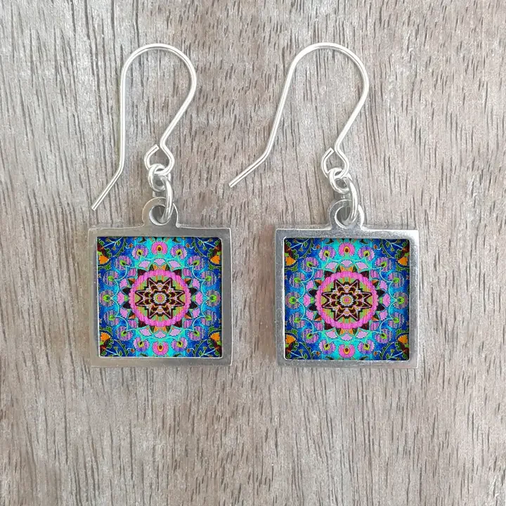 NOA  Stainless Steel Framed Round Ceramic Earrings Pink & Blue Suzani
