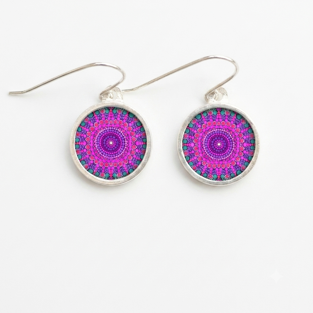 NOA  Stainless Steel Framed Round Ceramic Earrings Purple Mandala