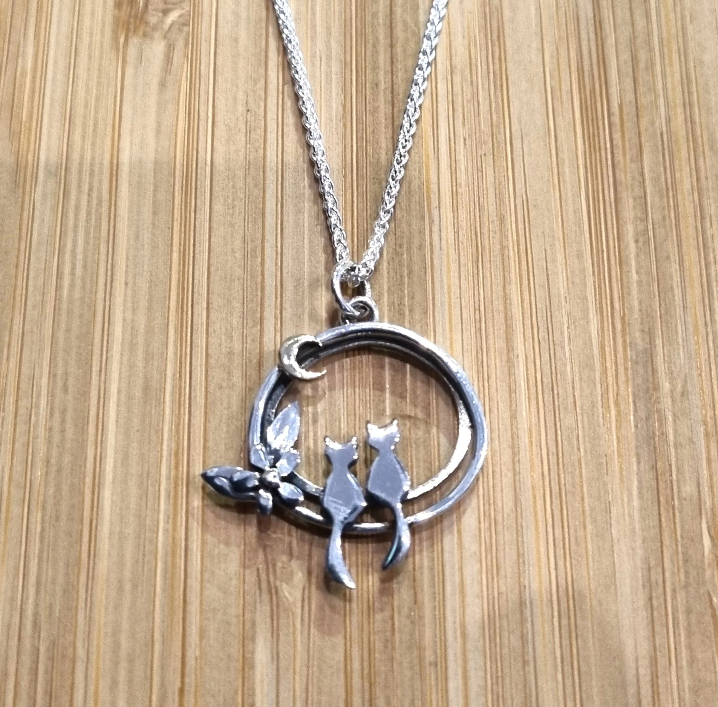 Linda Macdonald Silver Two Little Cats Moonlight Friends Necklace