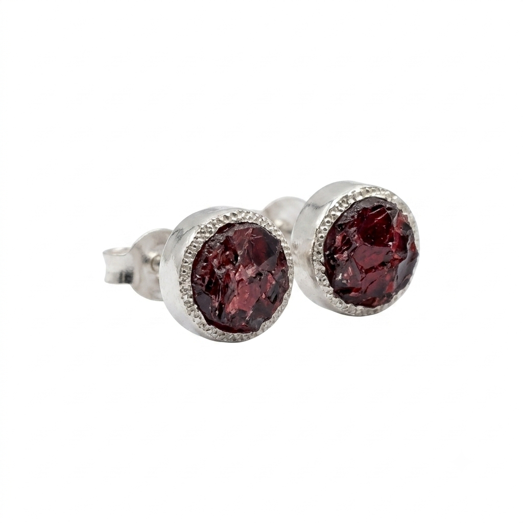 Garnet Stud Earrings Silver