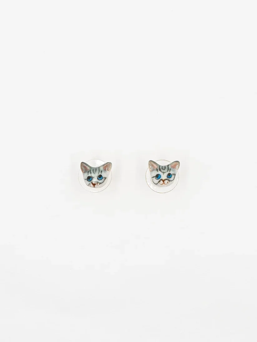 Nach Grey Tabby Cat Stud Earrings