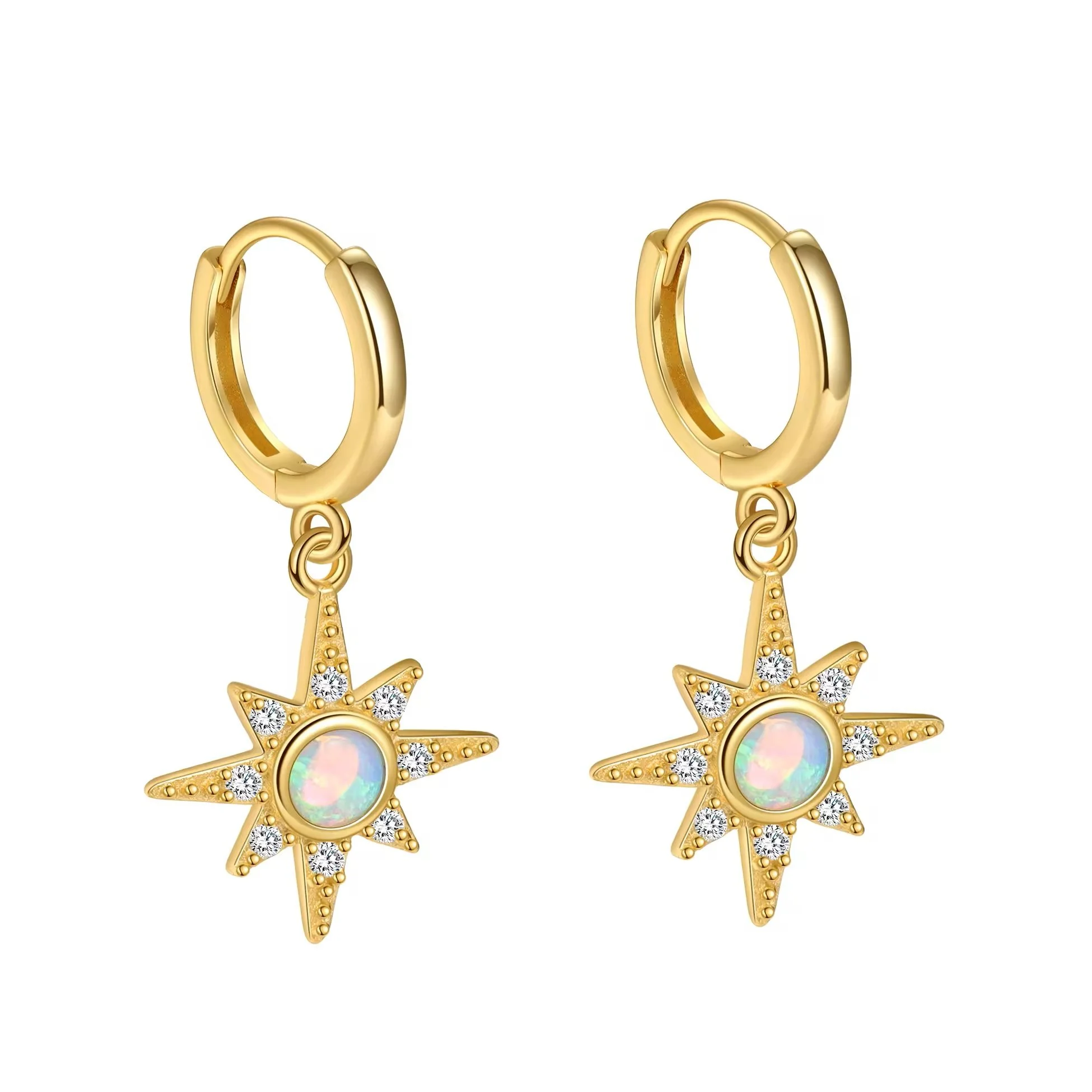Starburst Blue Opal Huggie Earrings Gold
