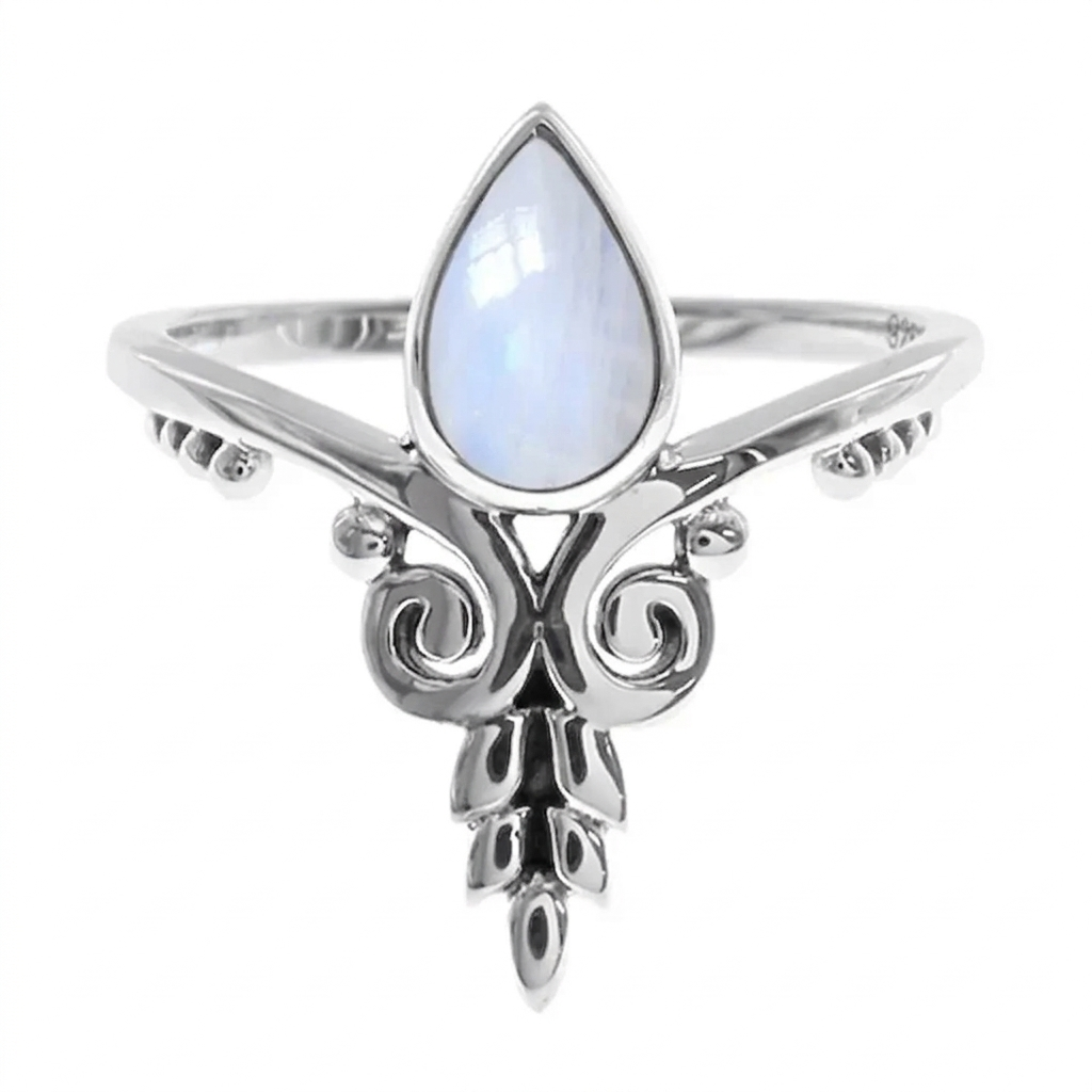 Vixen Ring Silver Teardrop Rainbow Moonstone