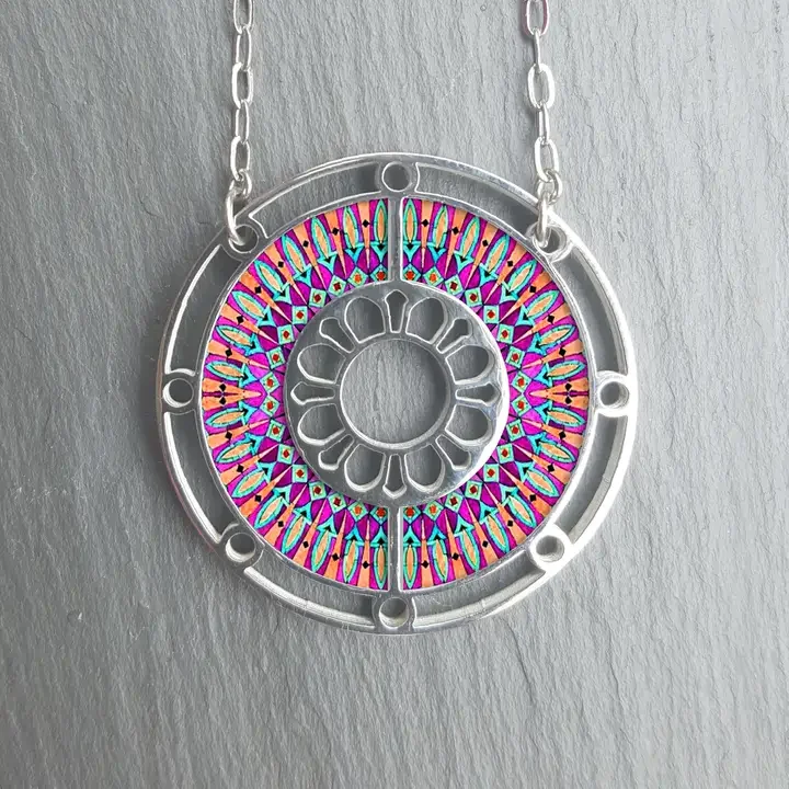 NOA Colourful Mosaic Stainless Steel & Walnut, Round Necklace
