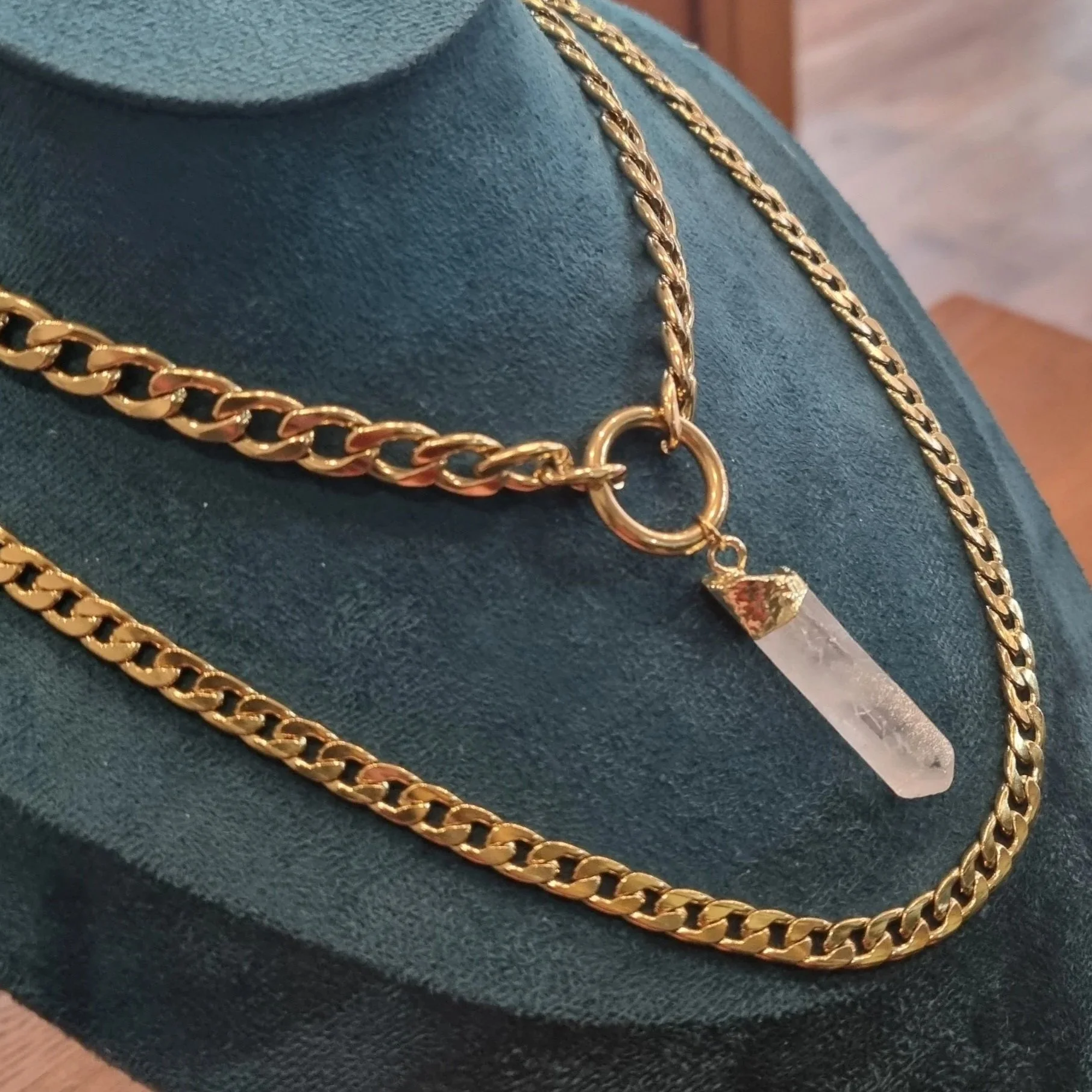 Double Row Clear Quartz Choker Necklace Gold