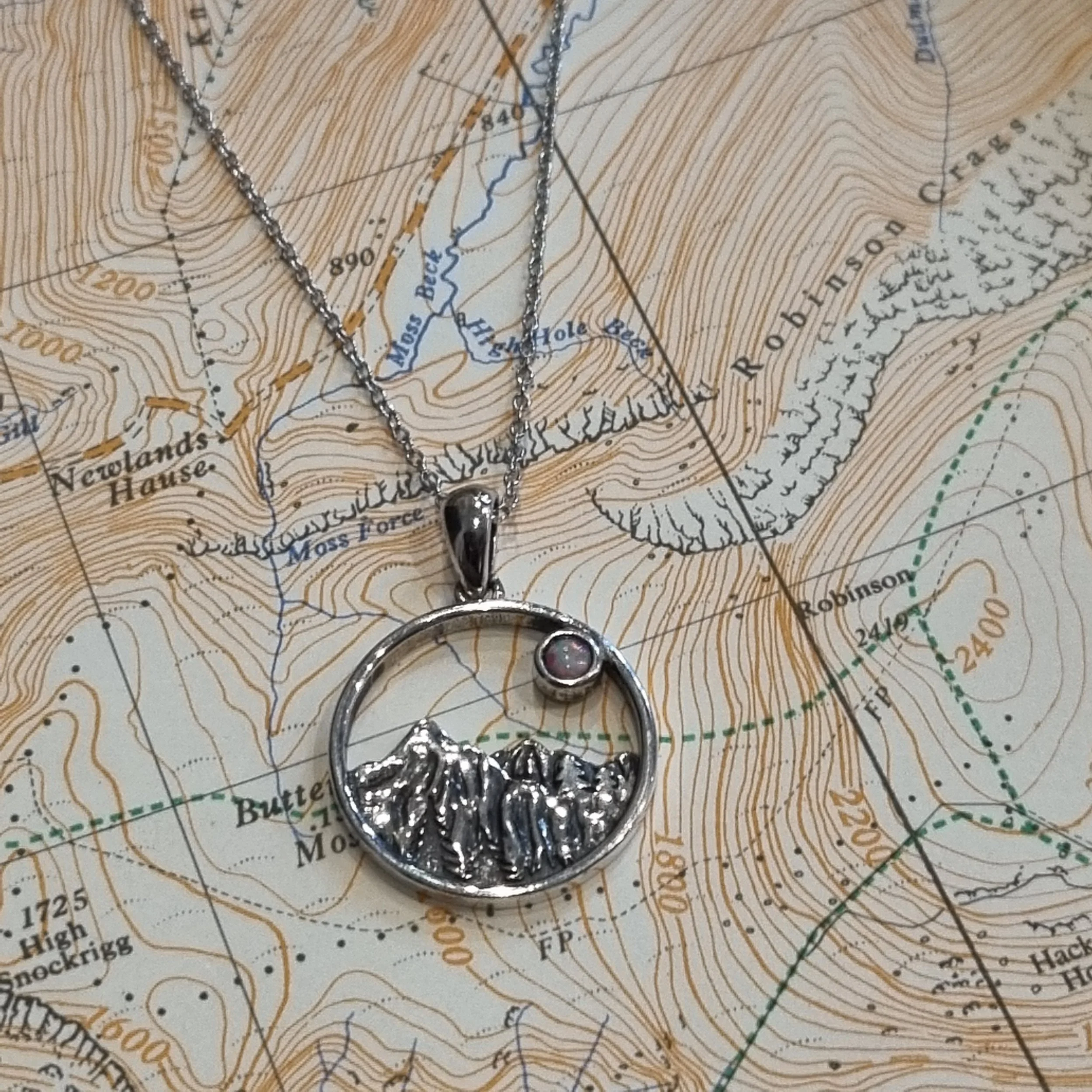 Circle Lake District Mountain Range Pendant Silver Opal
