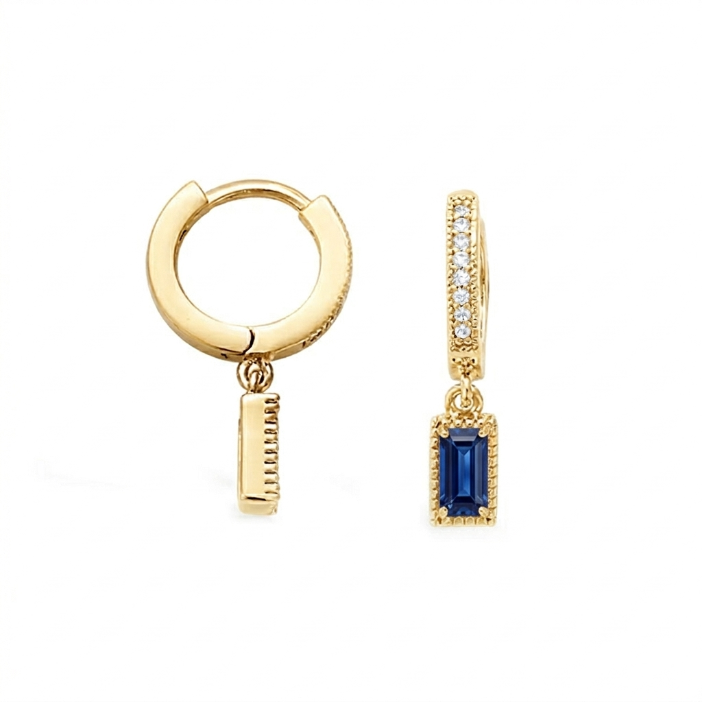 Sapphire Blue CZ Rectangular Drop Hoop Earrings Gold