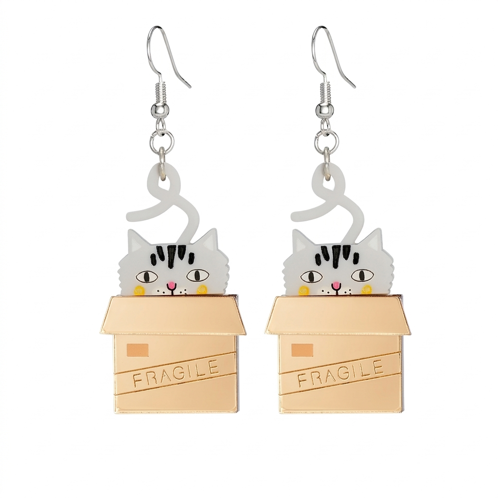 Little Moose Cat in Box Dangly Earrings