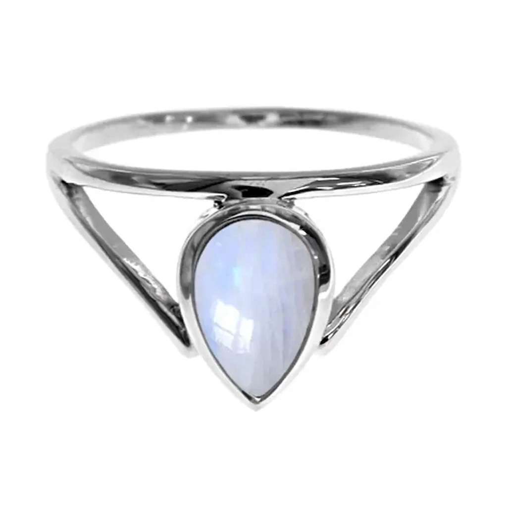 Luna Ring Silver Teardrop Rainbow Moonstone