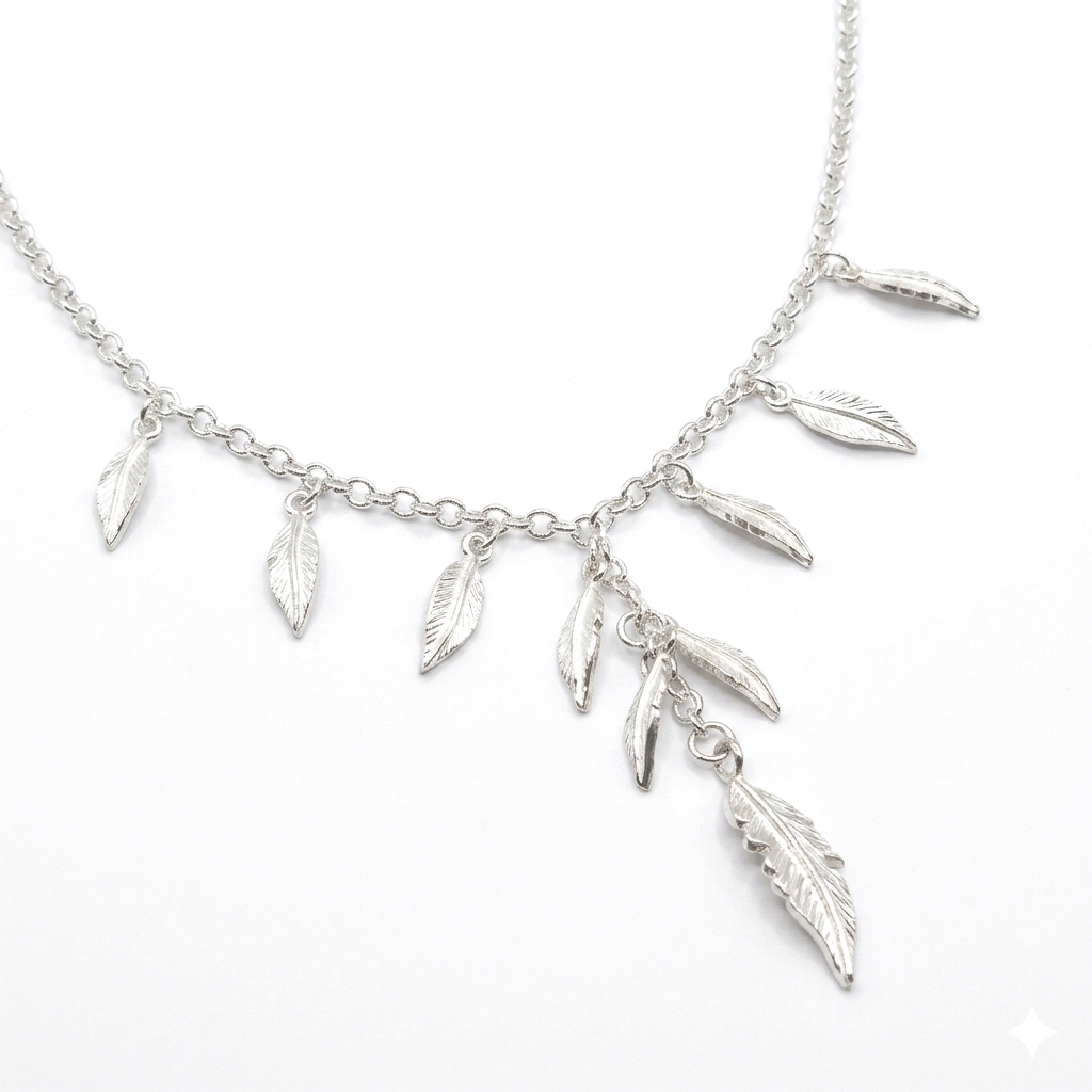 Silver Multi Feathers Drop Necklace