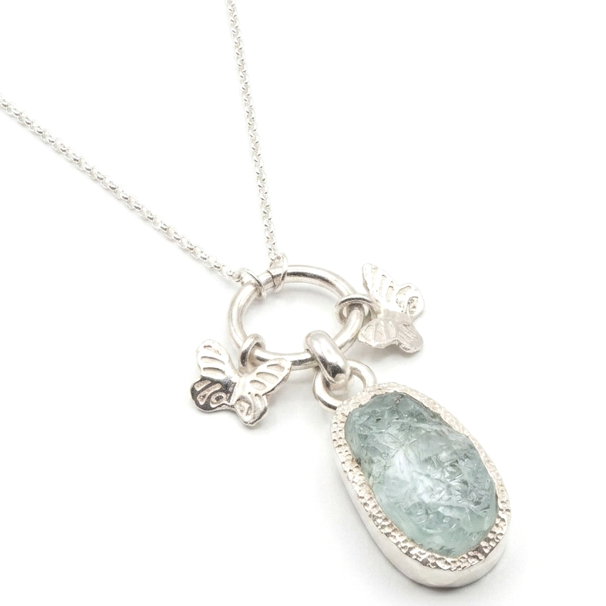 Aquamarine Butterflies Necklace 2 in 1 Chain Silver
