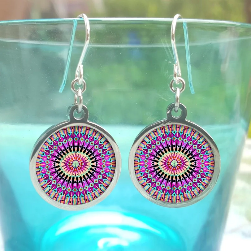NOA  Stainless Steel Framed Round Ceramic Earrings Colourful Mosaic