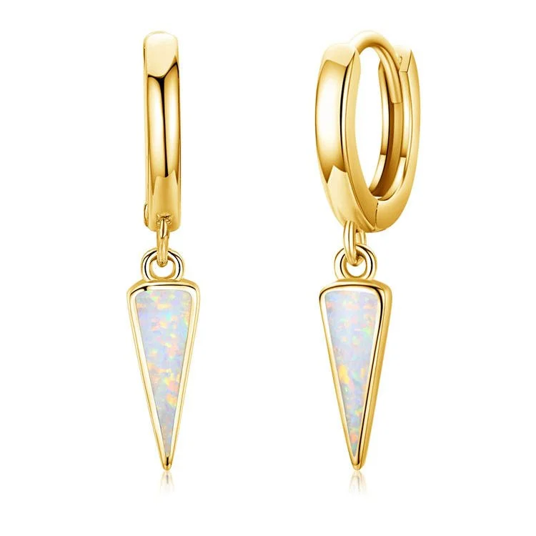 White Opal Triangle Drop Hoop Earrings Gold
