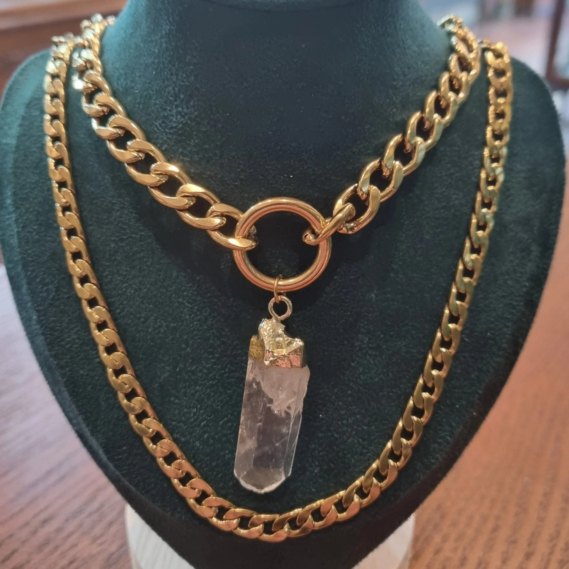 Double Row Clear Quartz Choker Necklace Gold