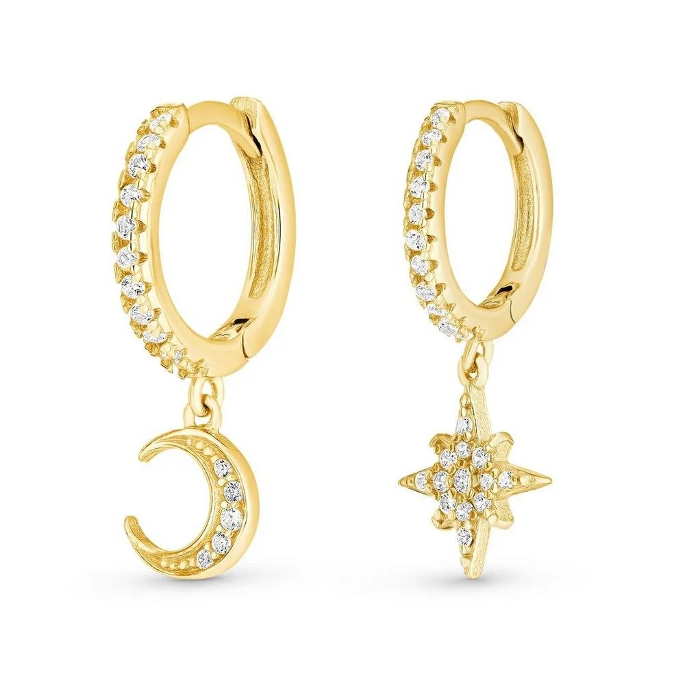Asymetrical Moon Star CZ Huggies Earrings Gold