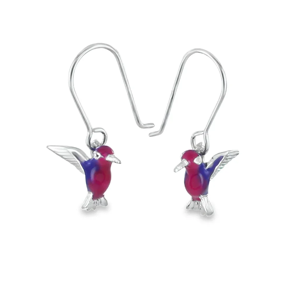 Hummingbird Earrings Silver Enamel Pink Purple