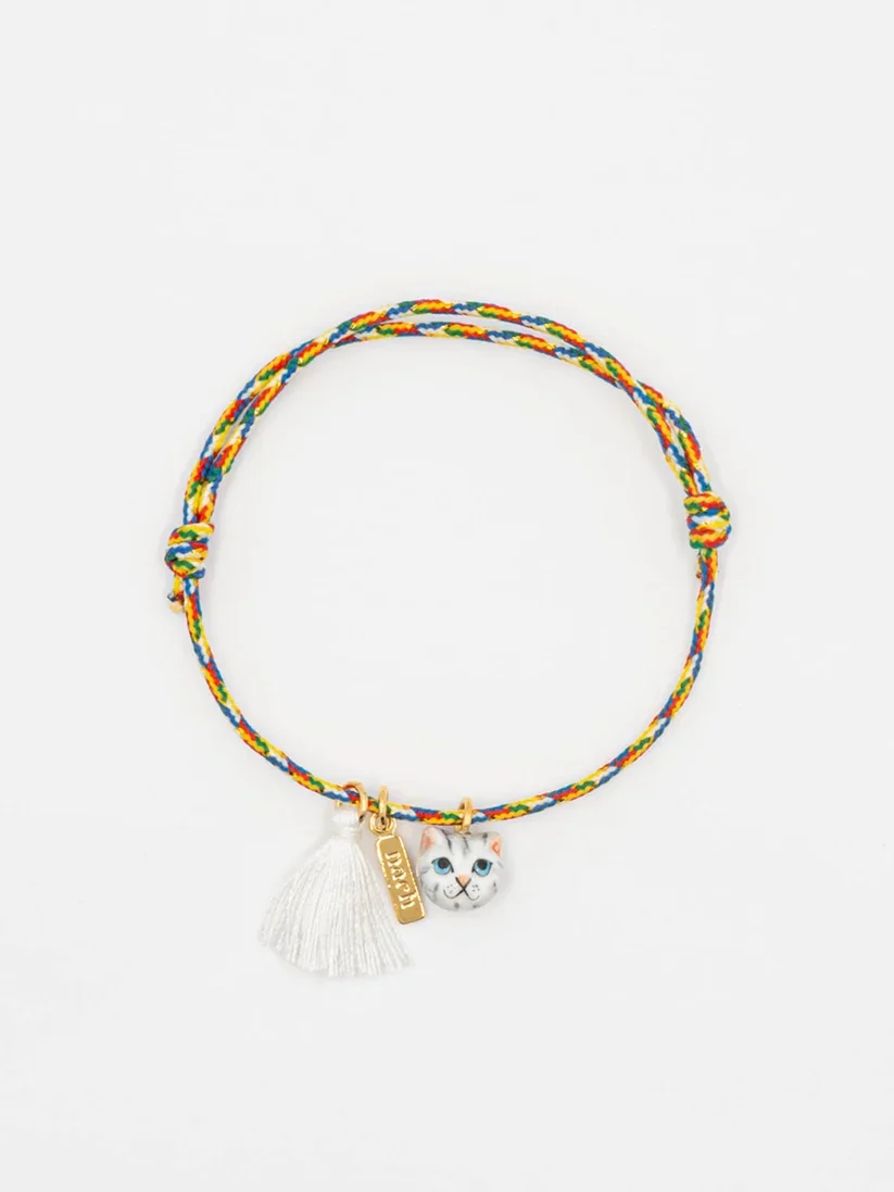 Nach Multi Coloured Tabby Cat Cord Bracelet With Tassel