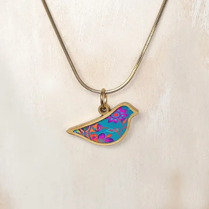 NOA Decorated Ceramic Bird Pendant Purple Flowers Gold