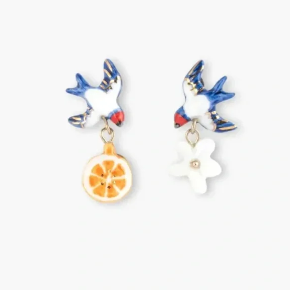 Nach Swallow, Orange And Flower Earrings