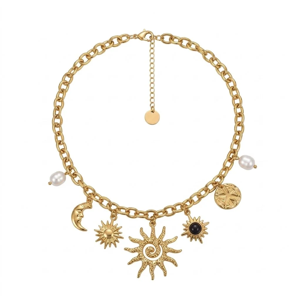 Statement Sun & Moon Charms Necklace Gold
