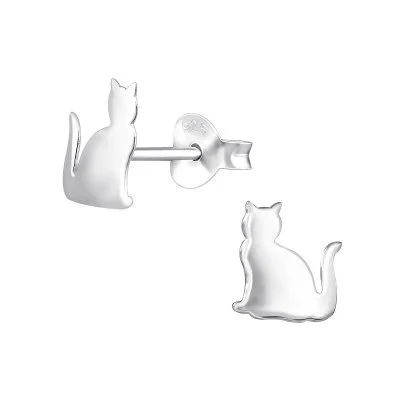 Silver Sitting Cat Stud Earrings