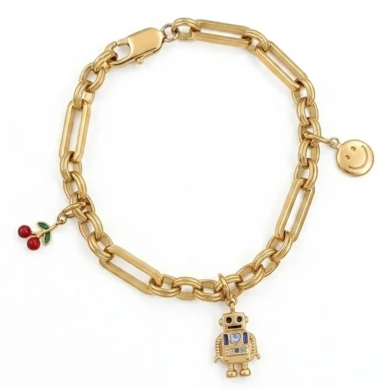 Retro Charms Bracelet Robot Cherries
