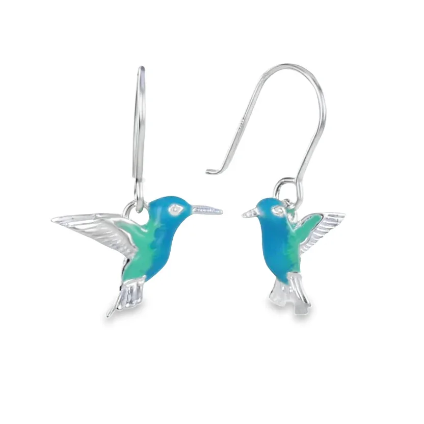 Hummingbird Earrings Silver Enamel Green Blue