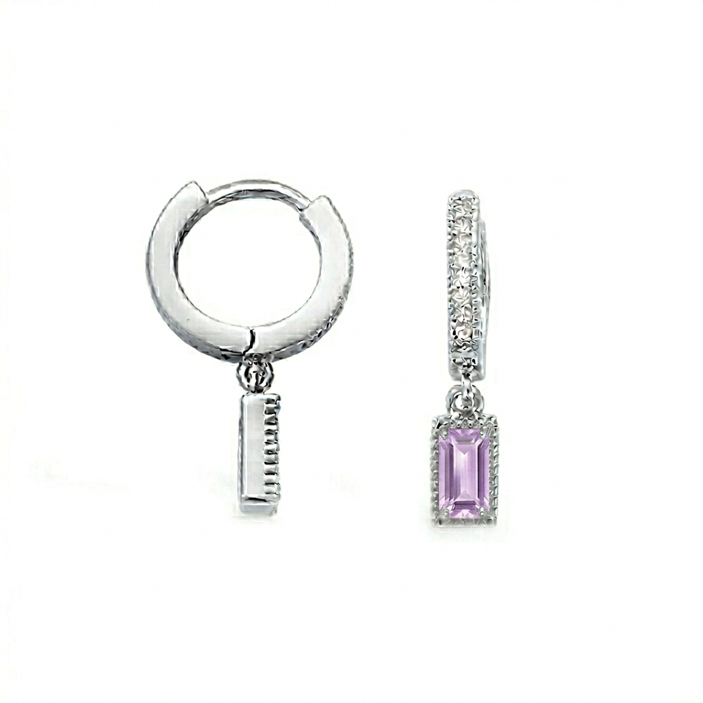 Deep Lilac CZ Rectangular Drop Hoop Earrings Silver