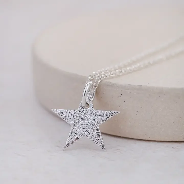 Lucy Kemp Sterling Silver Large Textured Star Pendant
