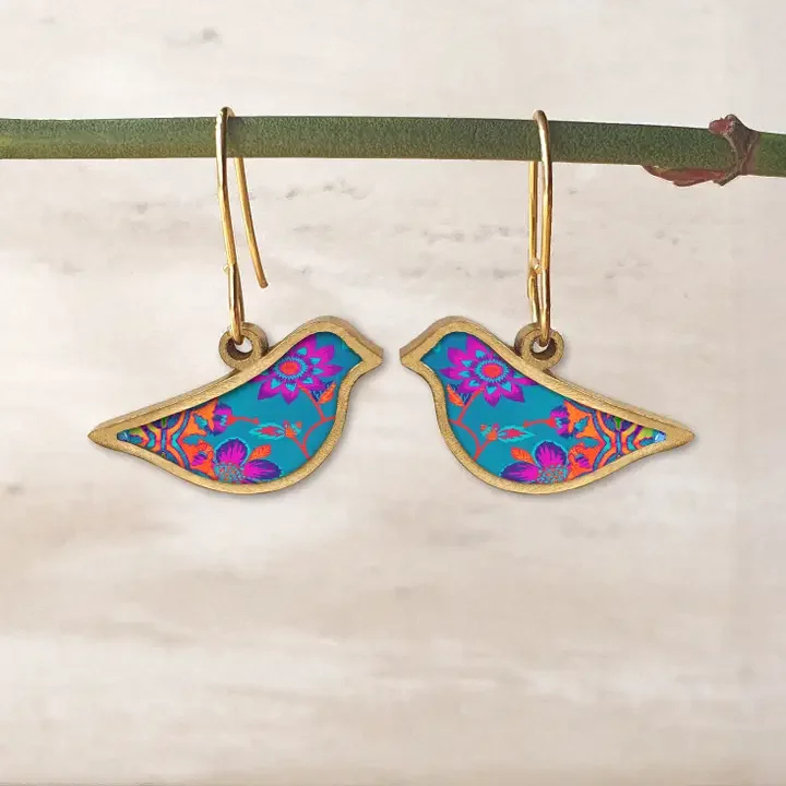 NOA Framed Bird Shape Ceramic Earrings Purple Flowers Gold