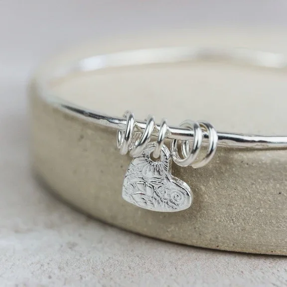 Lucy Kemp Textured Heart Bangle Silver