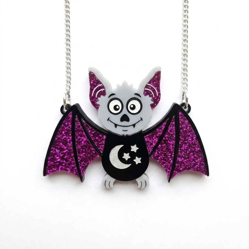 Halloween Purple Glitter Bat Necklace