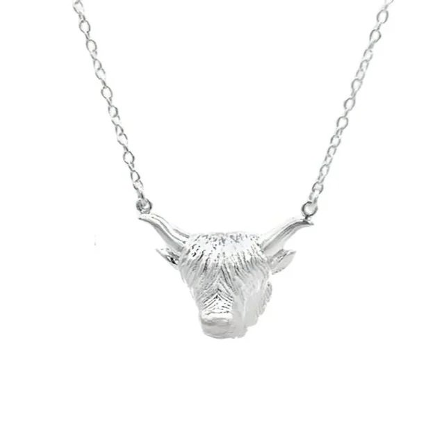 Silver Highland Cow  Head Necklace