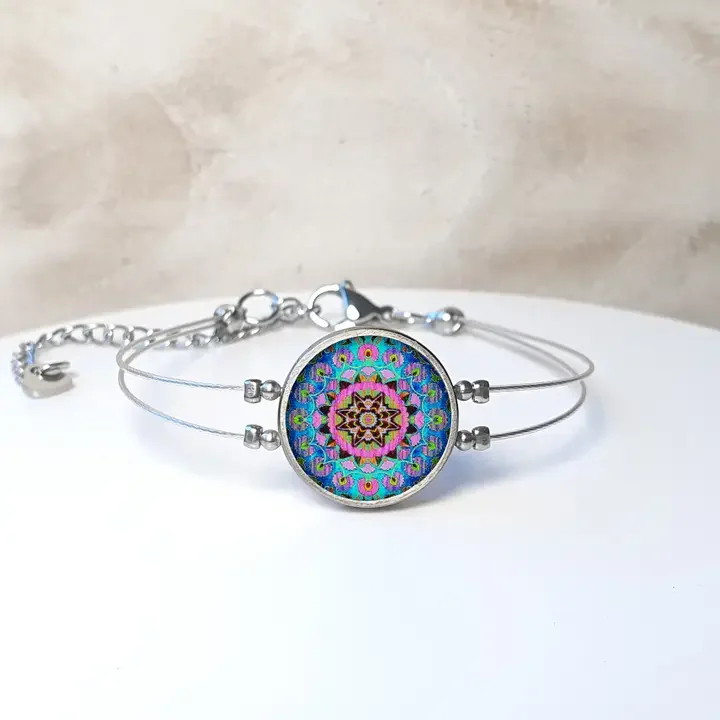 NOA Framed Round Ceramic Bracelet Pink & Blue Suzani