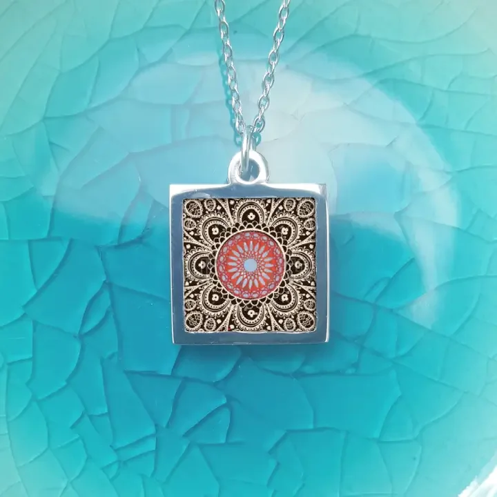 NOA Stainless Steel & Walnut, Square Necklace Orange Lace