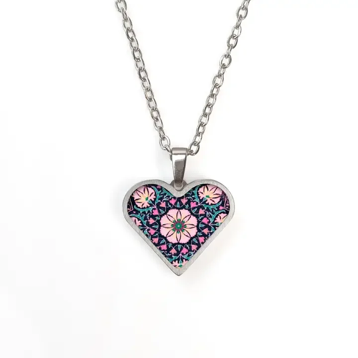 NOA Heart Shape Pink Flower Pendant, Stainless Steel & Ceramic