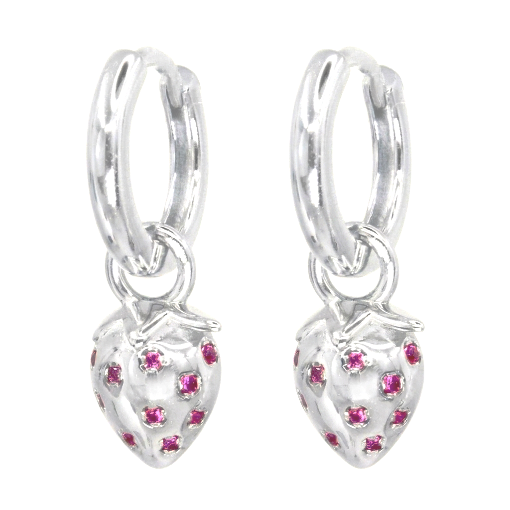 Strawberry Charm Huggie Hoops Silver
