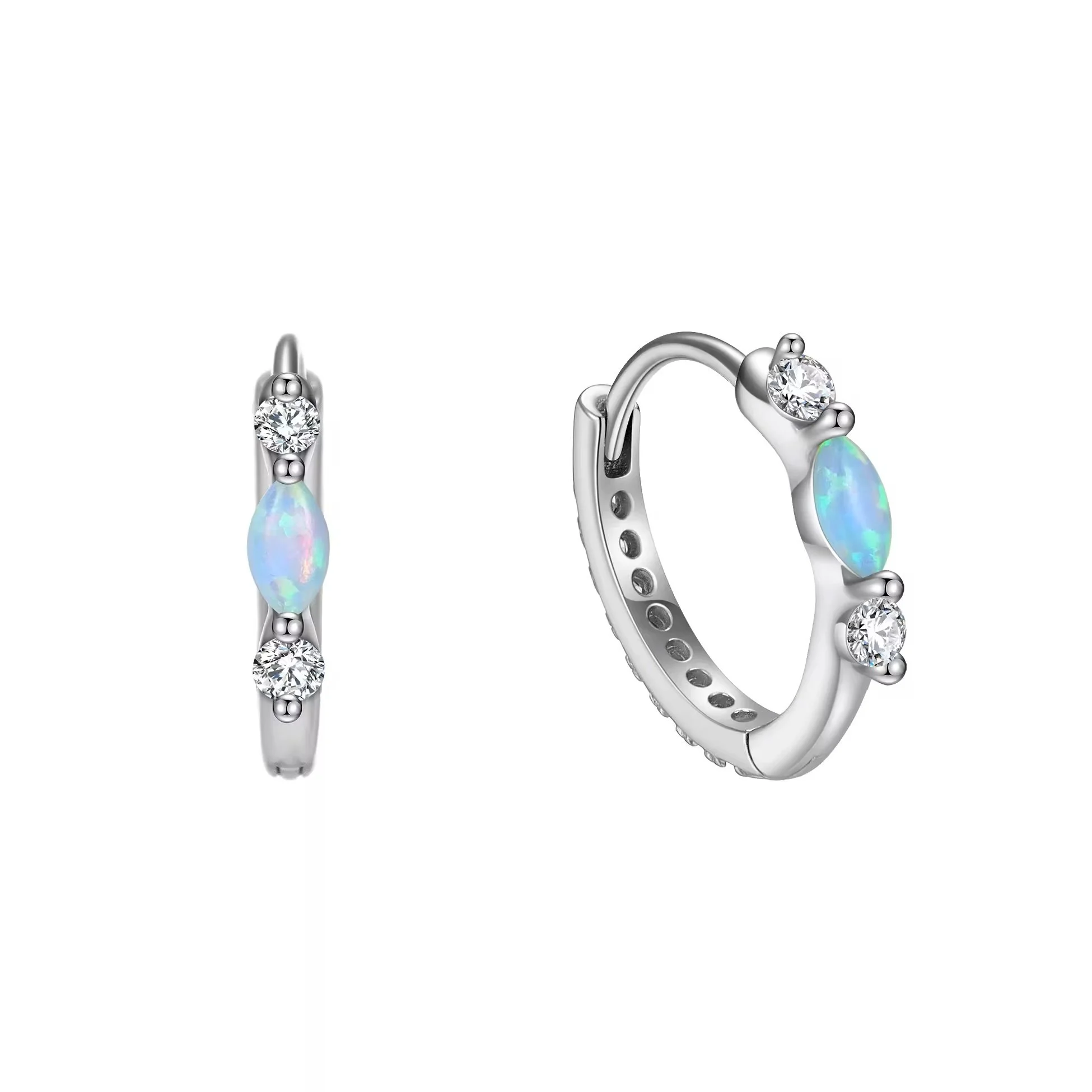 Blue Opal CZ Huggie Earrings Silver