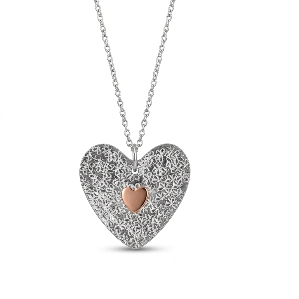 Textured Flower Heart Pendant Silver & Copper