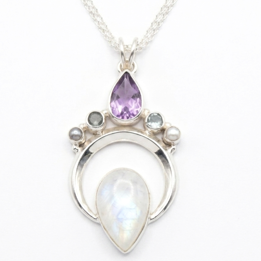 Silver Moonlight Tusk Moonstone & Amethyst Pendant Silver