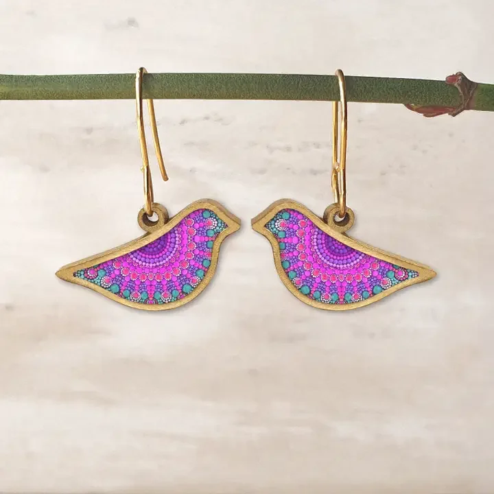 NOA Framed Bird Shape Ceramic Earrings Purple Mandala Gold