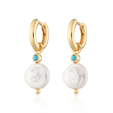 Baroque Pearl Drop Hoop Earrings Gold