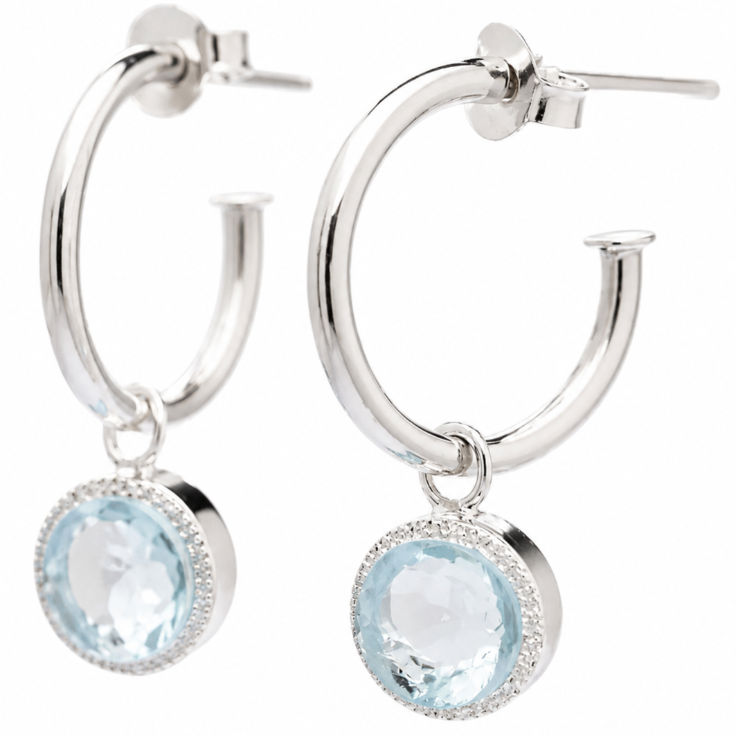 Aquamarine Charm Hoop Earrings Silver