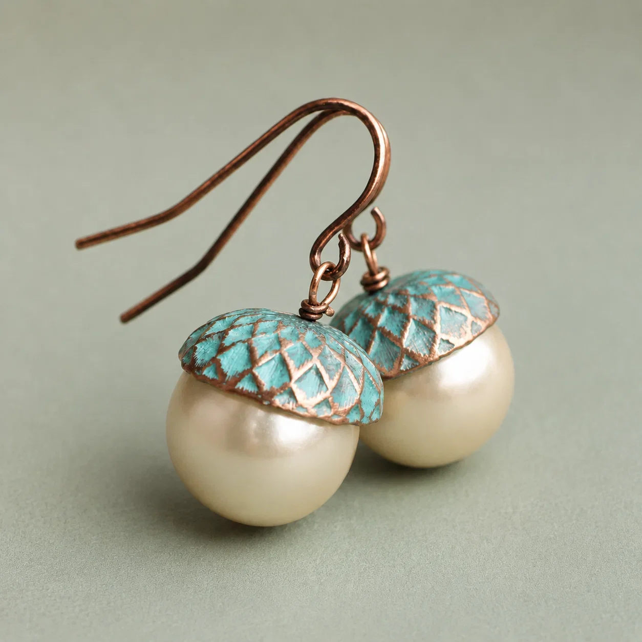 Verdigris Copper Pearl Acorn Earrings